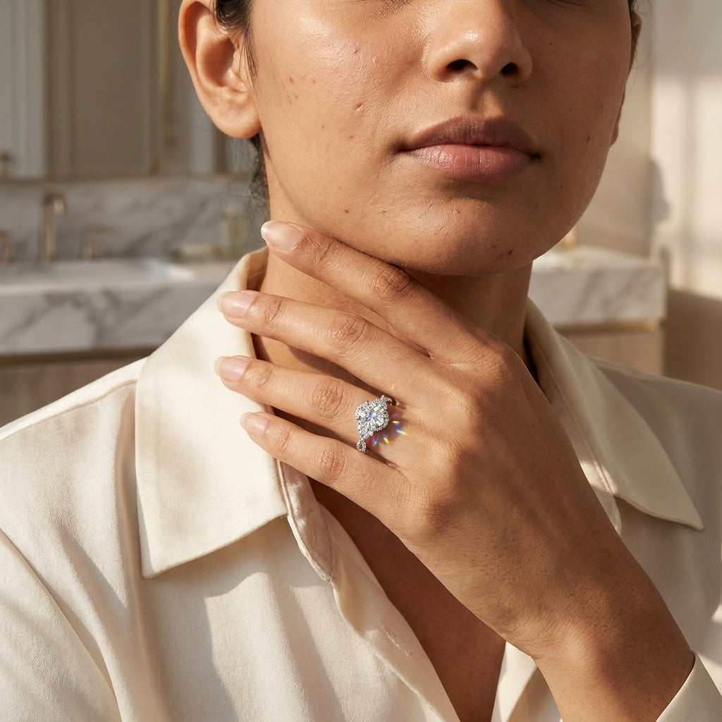 Woman styling a 2 CT oval moissanite halo engagement ring with a cream blouse