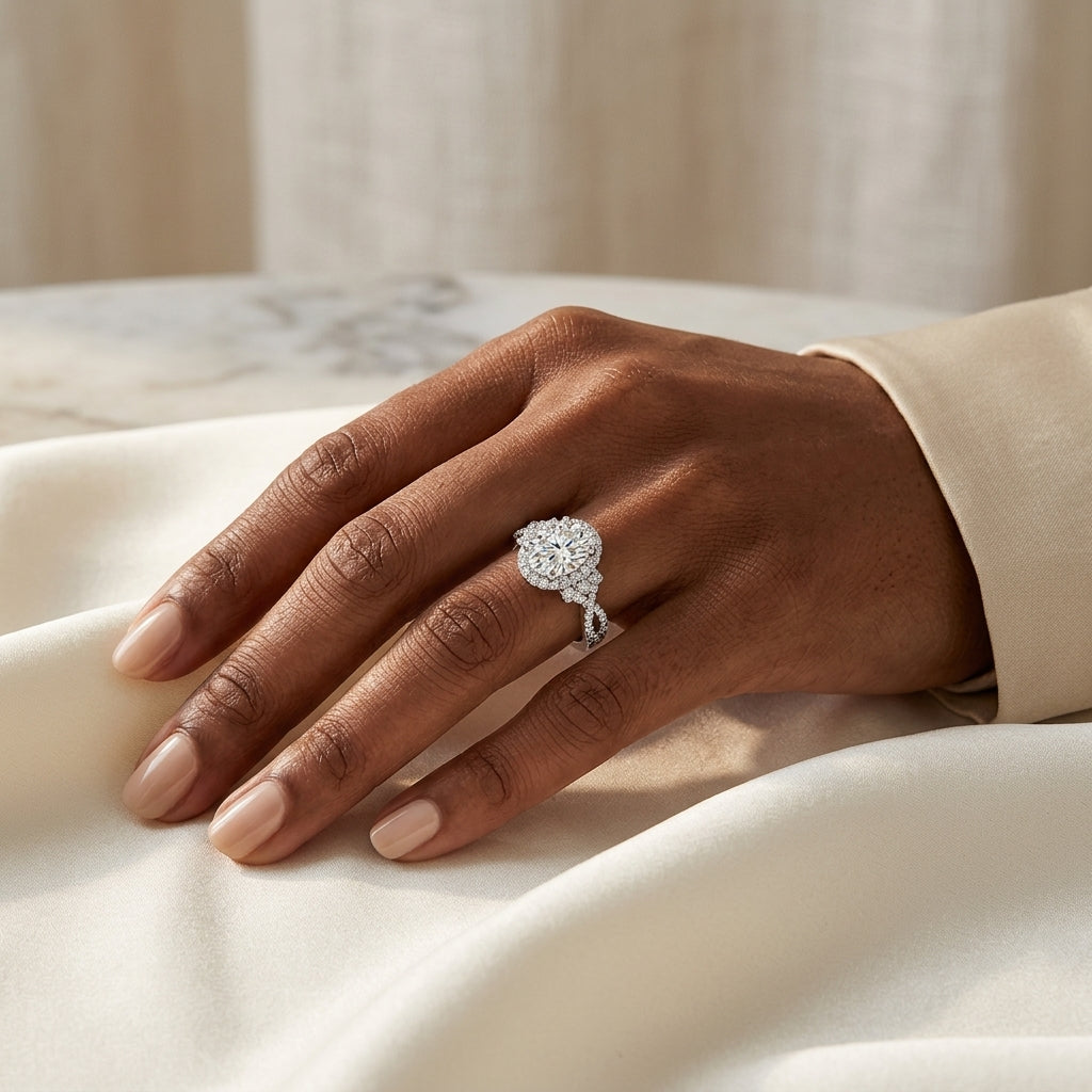 Woman wearing an oval-cut moissanite halo engagement ring on cream satin