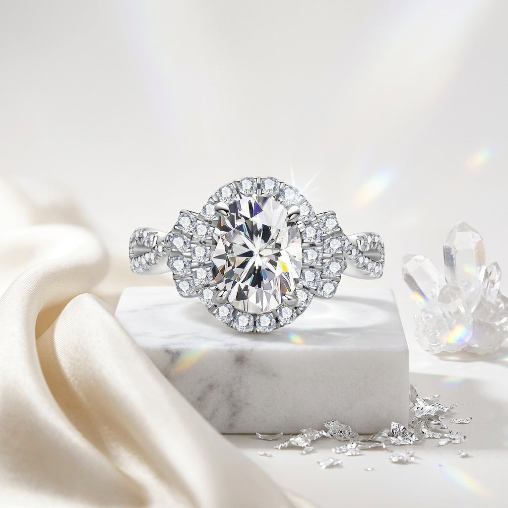 Oval-cut moissanite halo engagement ring displayed on marble with crystal accents