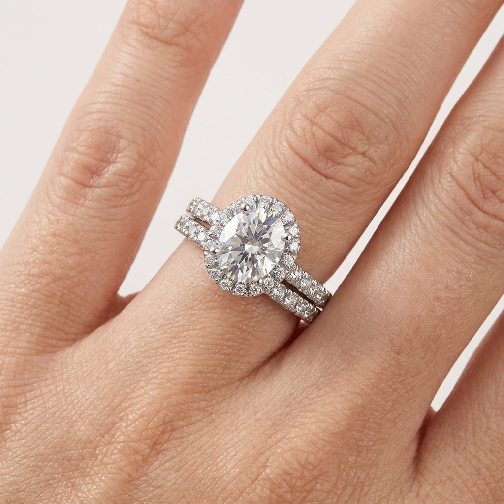 Close-up of an oval-cut halo moissanite ring set worn on the hand