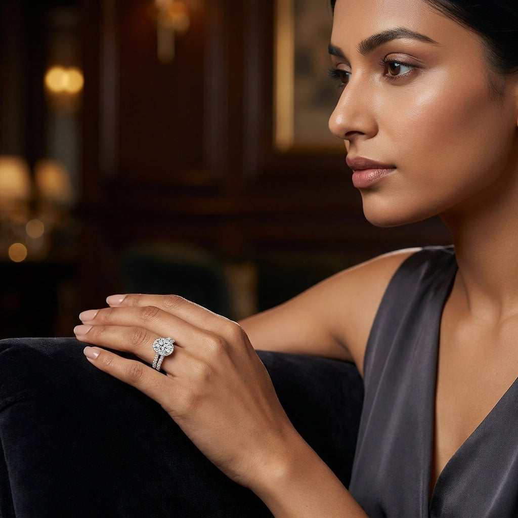 Woman wearing an oval-cut halo moissanite bridal ring set with a dark satin dress
