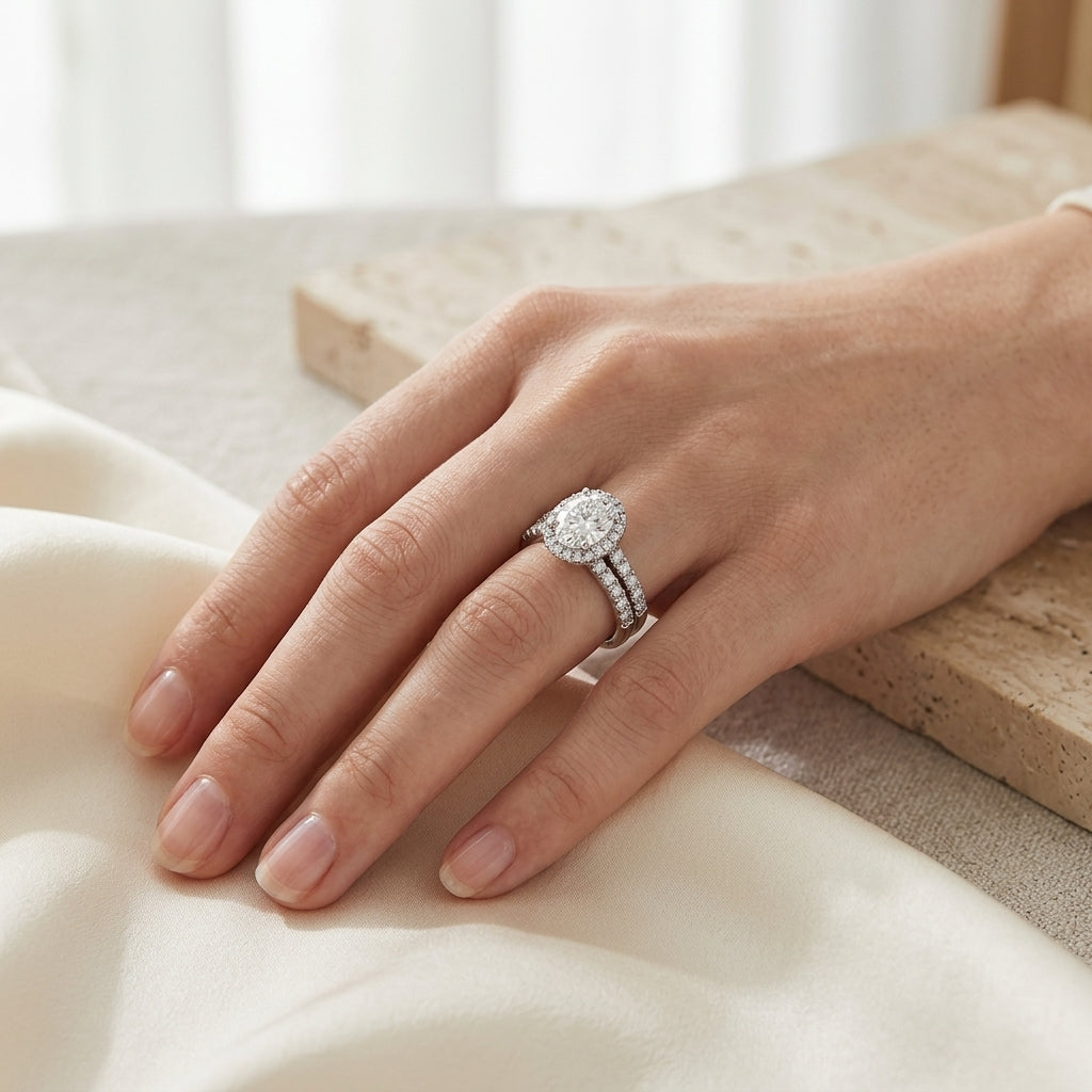 Oval halo moissanite bridal ring set worn on a hand beside cream satin
