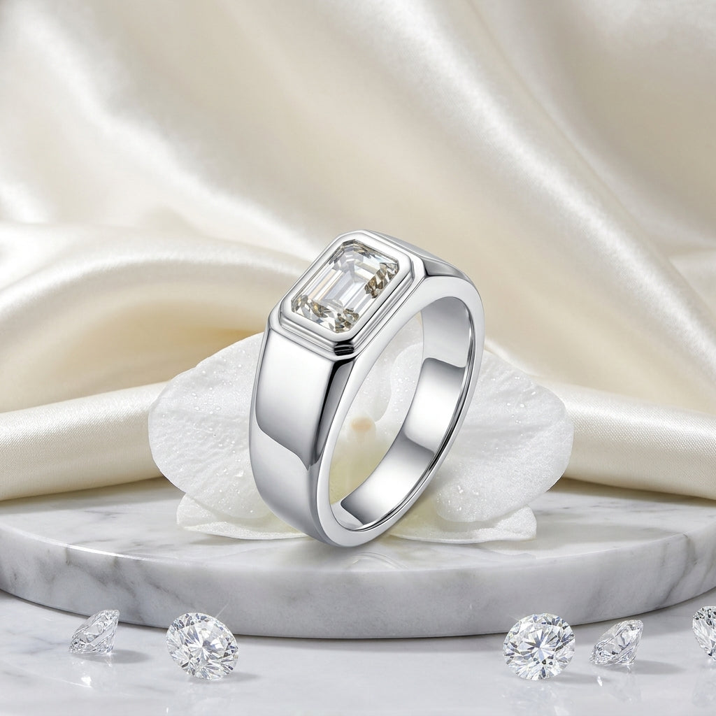 A silver-toned men's ring with a rectangular baguette-cut clear gemstone, displayed on a white marble pedestal with draped satin fabric and loose diamonds in the background.