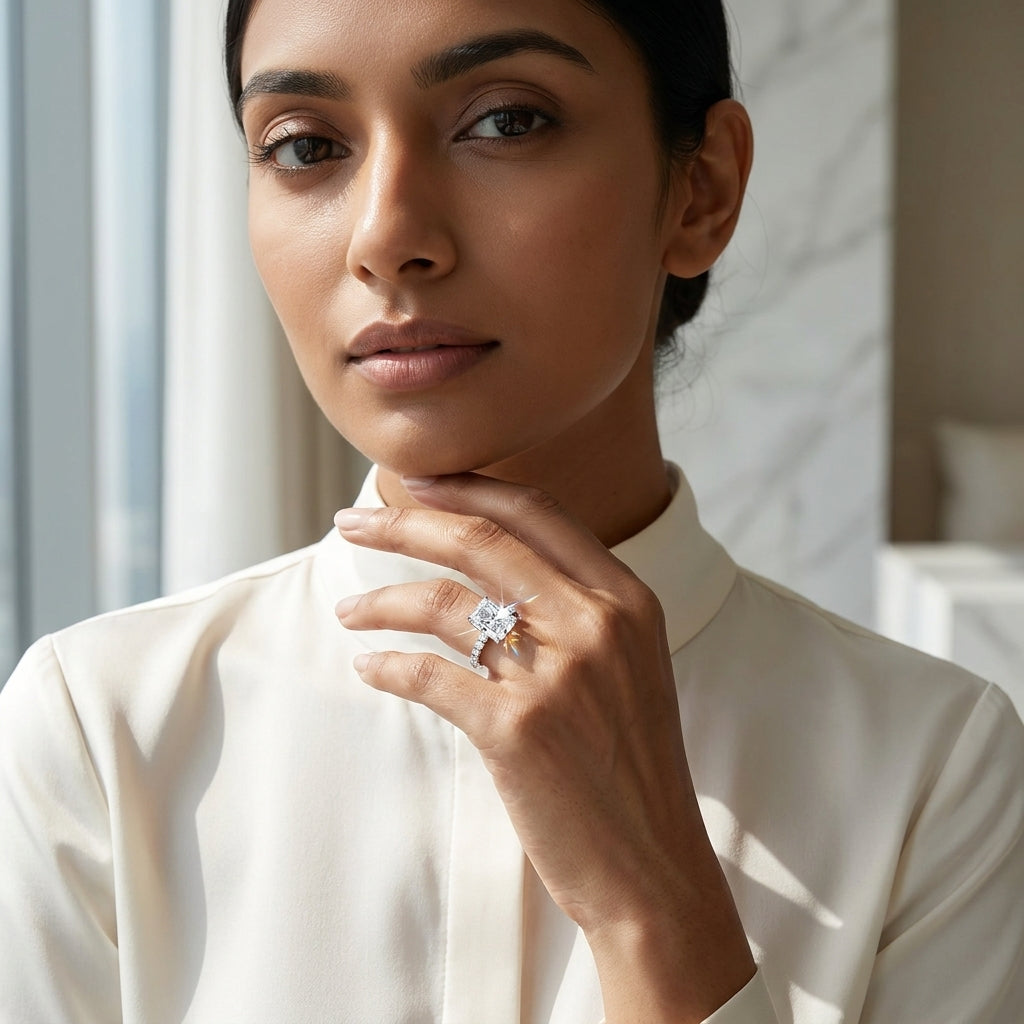 Woman wearing a radiant-cut moissanite engagement ring