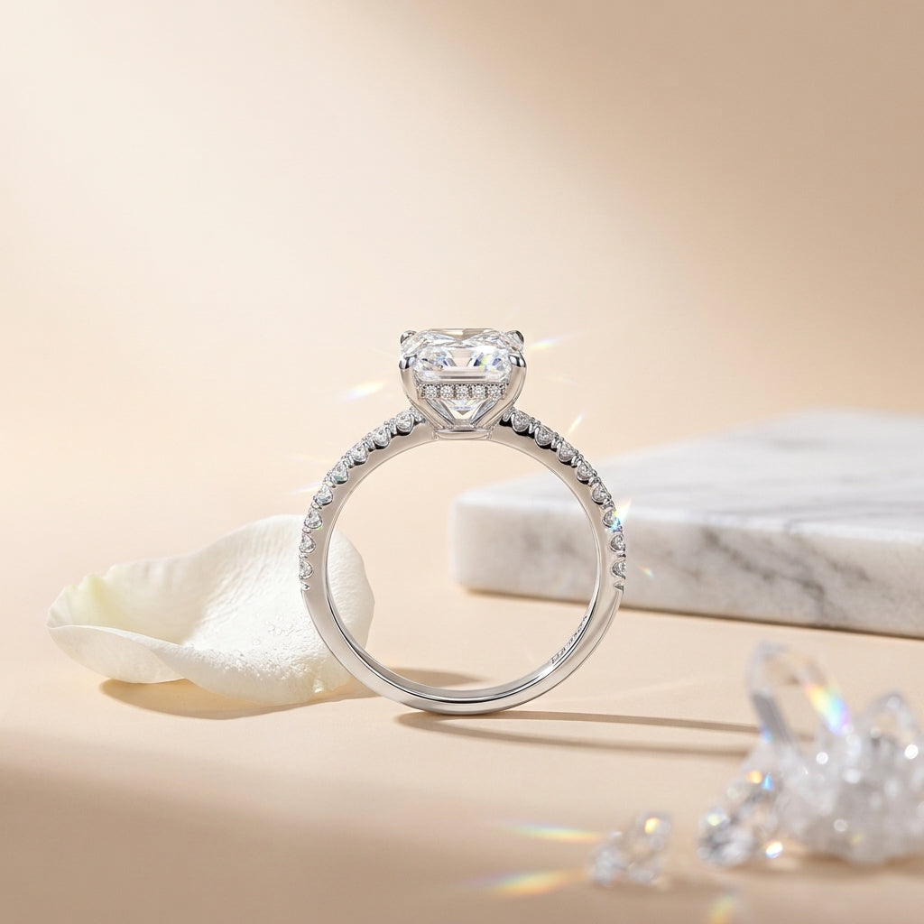 Side view of a radiant-cut moissanite engagement ring with pavé stones