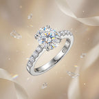 3 CT oval pavé moissanite engagement ring displayed with floating crystals and cream ribbon.