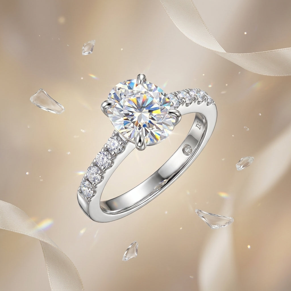 3 CT oval pavé moissanite engagement ring displayed with floating crystals and cream ribbon.