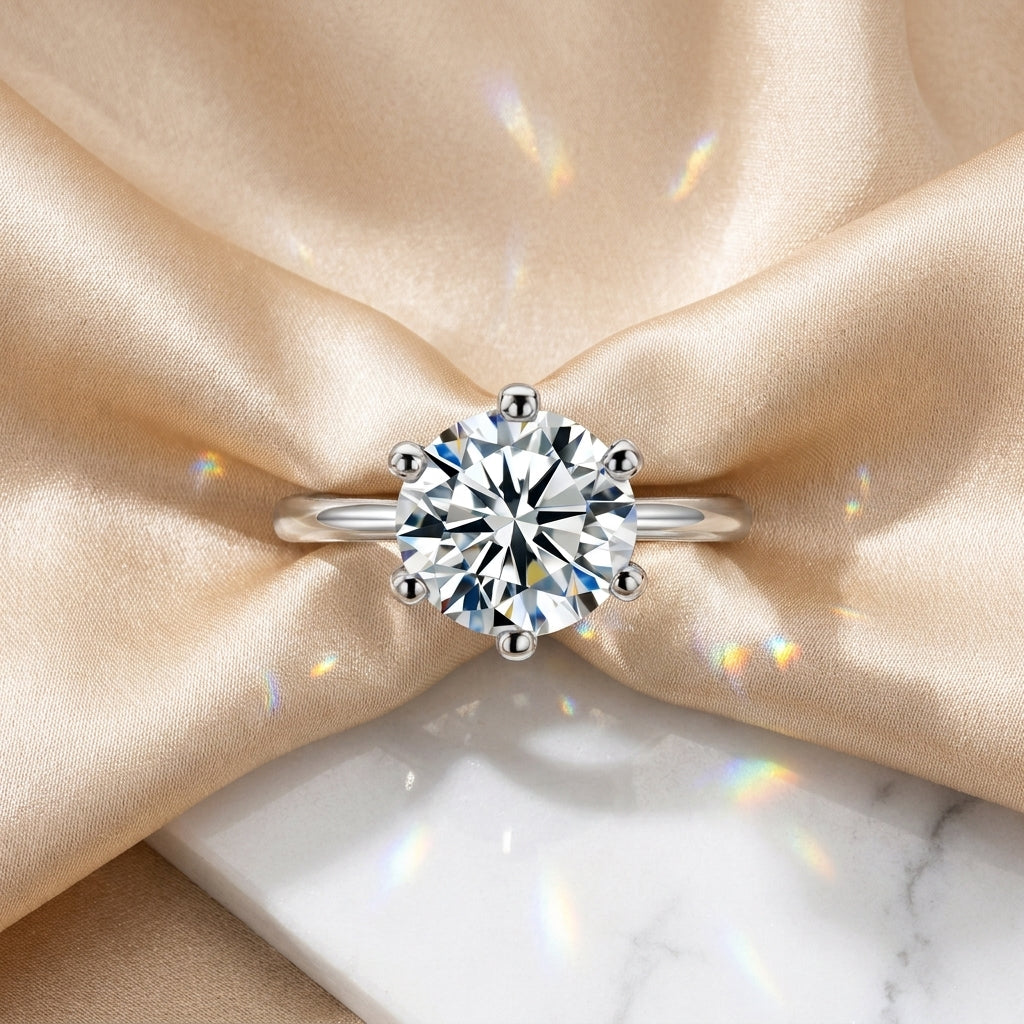 Classic round-cut moissanite solitaire engagement ring on the satin beige cloth
