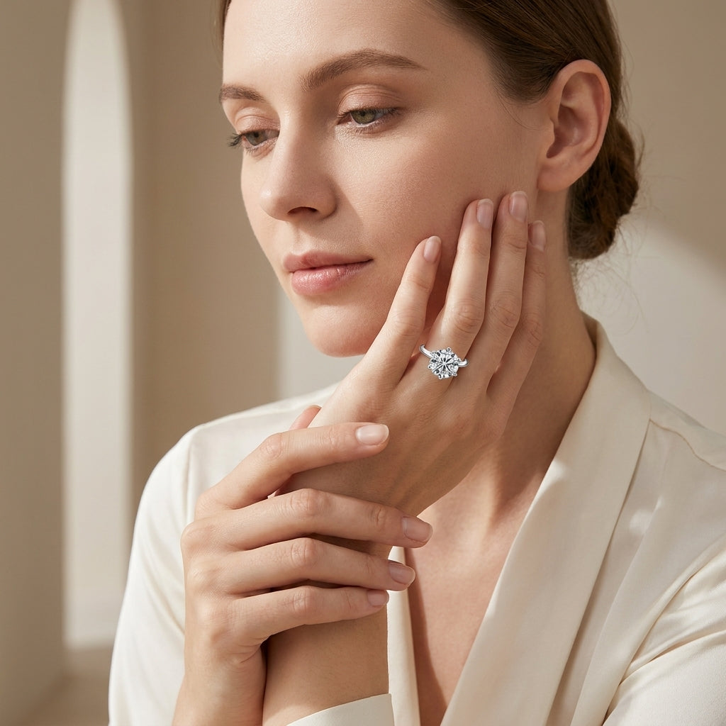 A model wearing the Classic round-cut moissanite solitaire engagement ring in her hand
