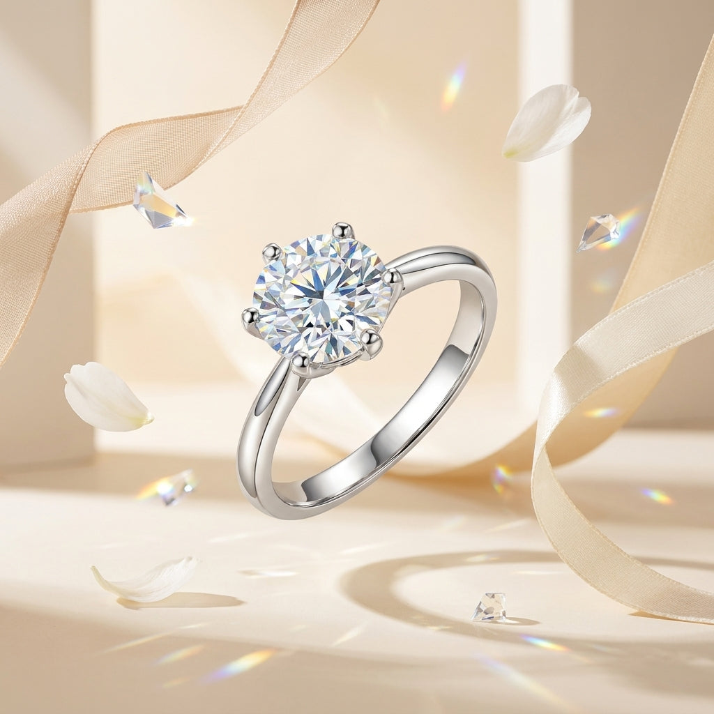 Classic round-cut moissanite solitaire engagement ring floating in between gems and flower petals 
