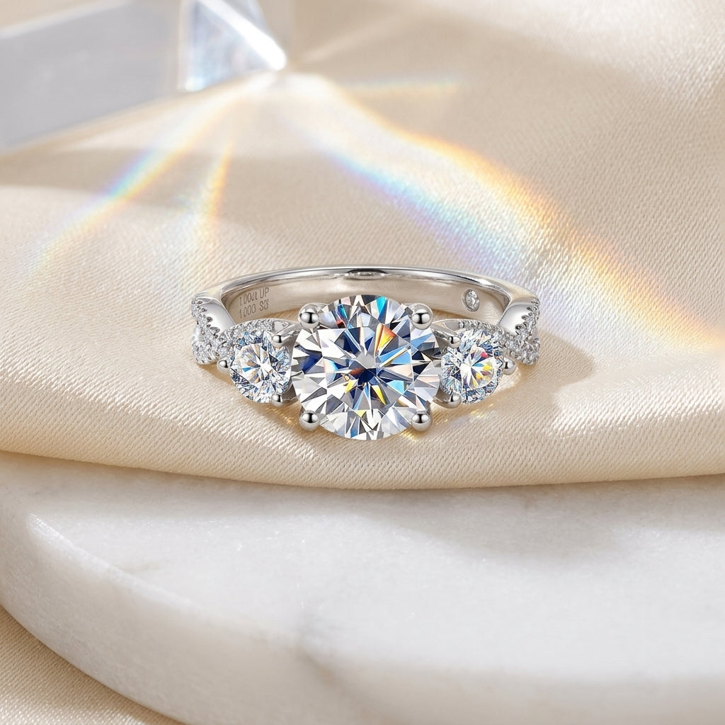 Front view of a three-stone round moissanite engagement ring displayed on cream satin.