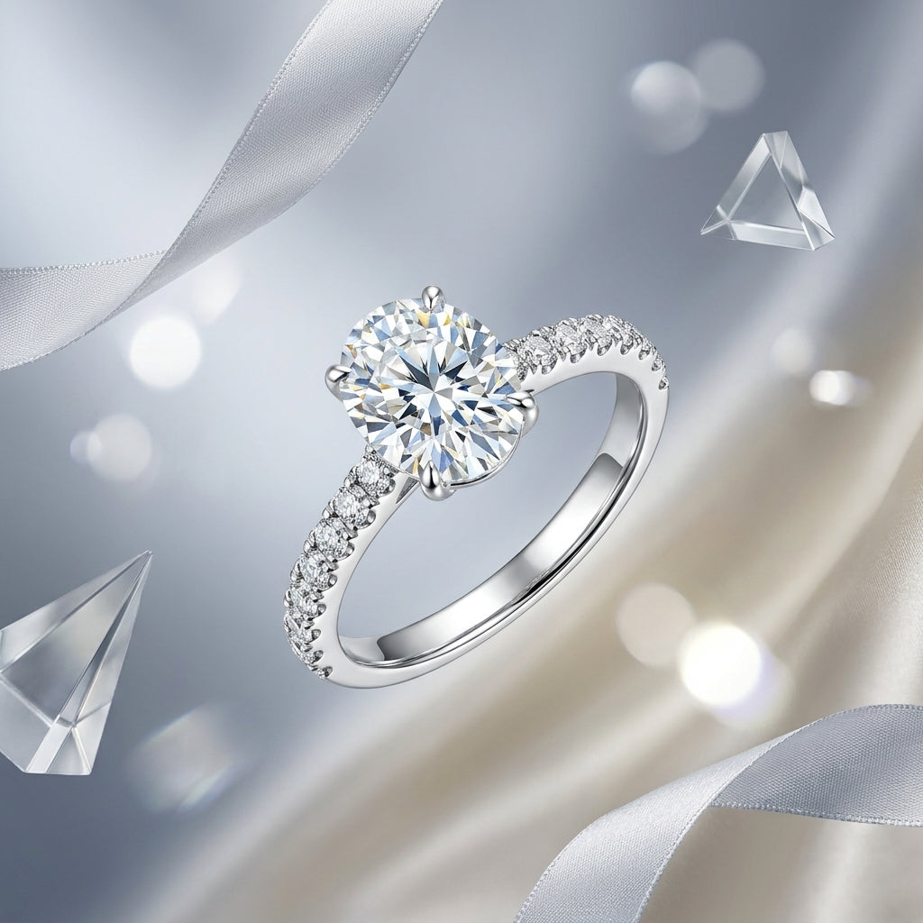 Oval-cut moissanite pavé engagement ring displayed with silver ribbon and crystal accents.