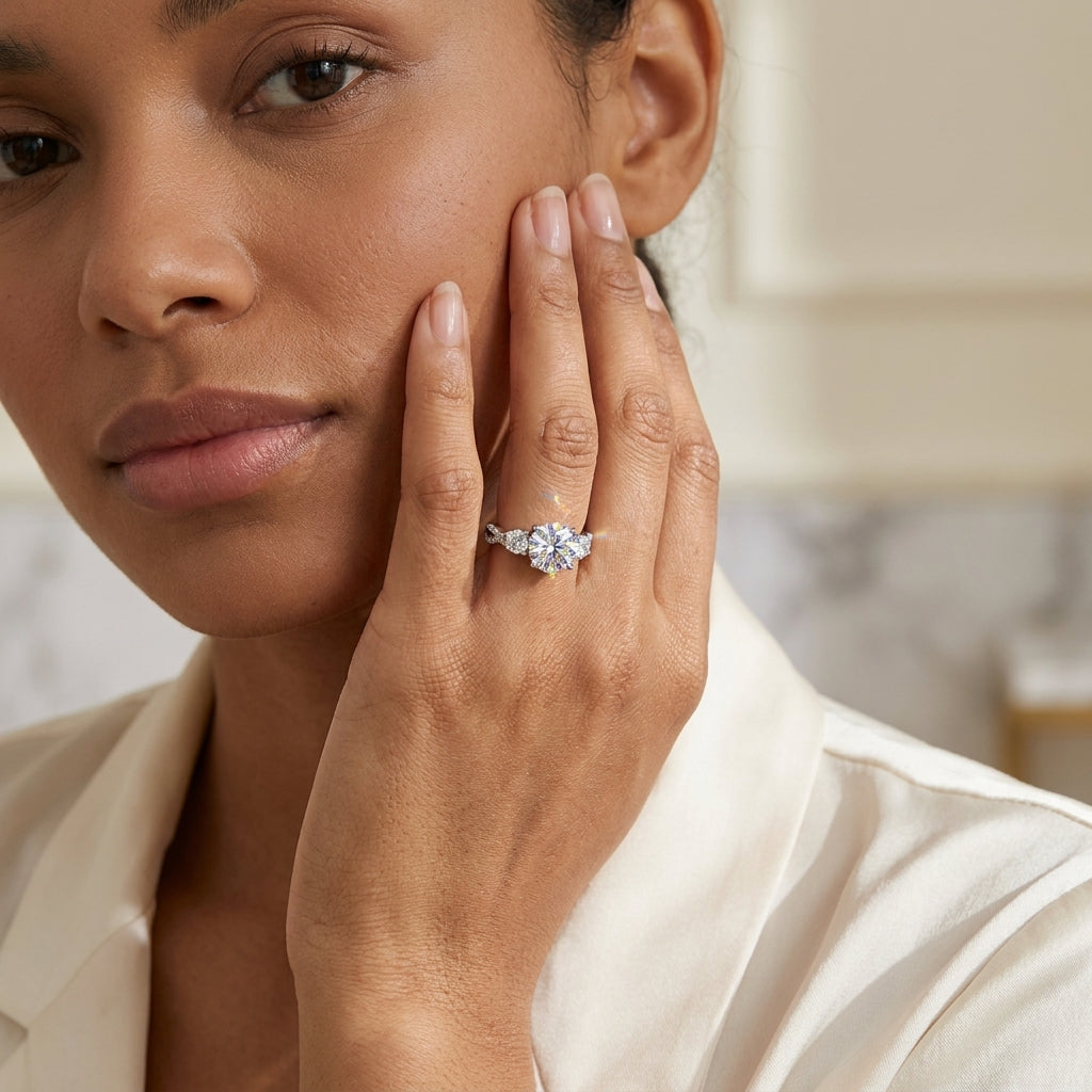 Woman wearing a three-stone round moissanite engagement ring with a white blouse.