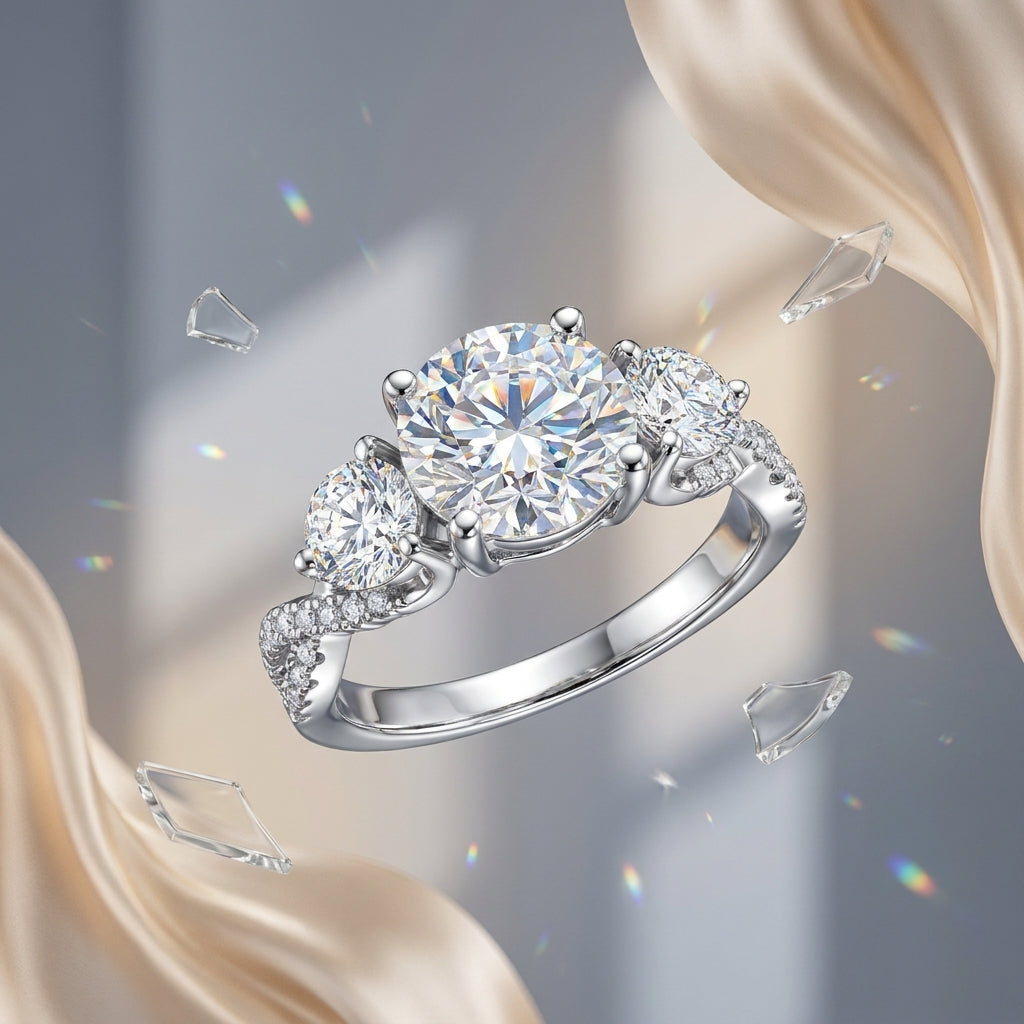Three-stone round moissanite engagement ring floating between cream satin fabric and crystal accents.