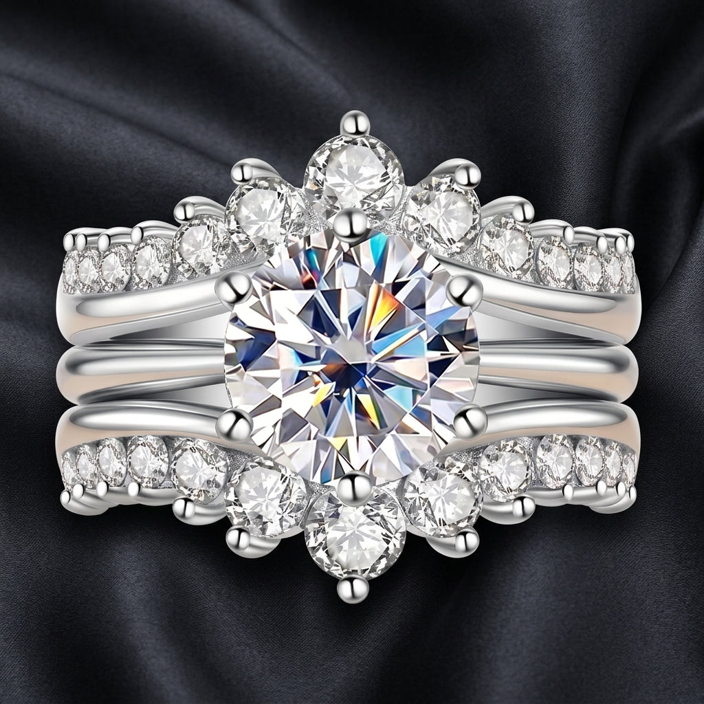 Close-up of a round-cut moissanite bridal ring set on black satin
