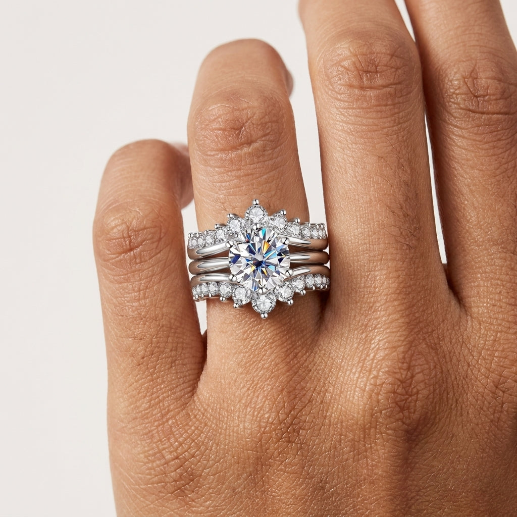 3 CT round-cut moissanite bridal ring set worn on a hand