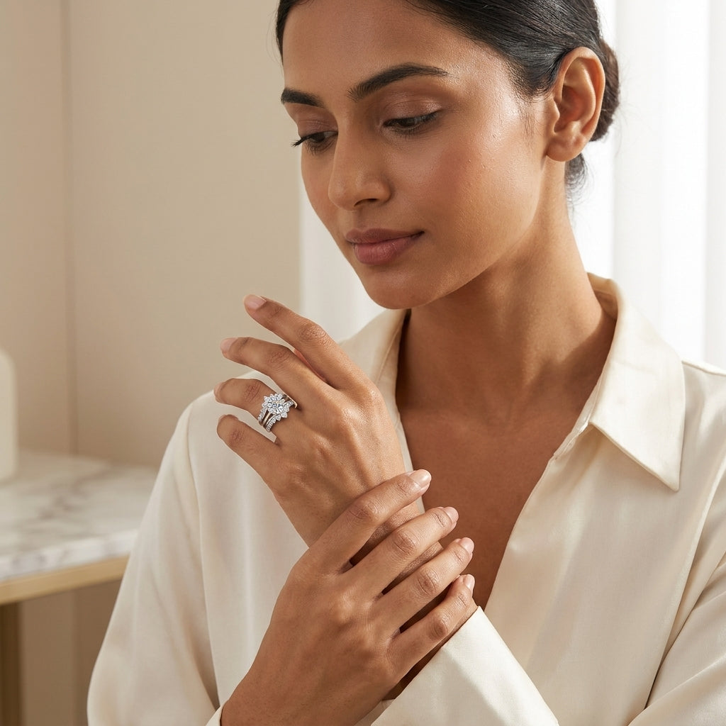 Woman wearing a round-cut moissanite bridal ring set with a white blouse