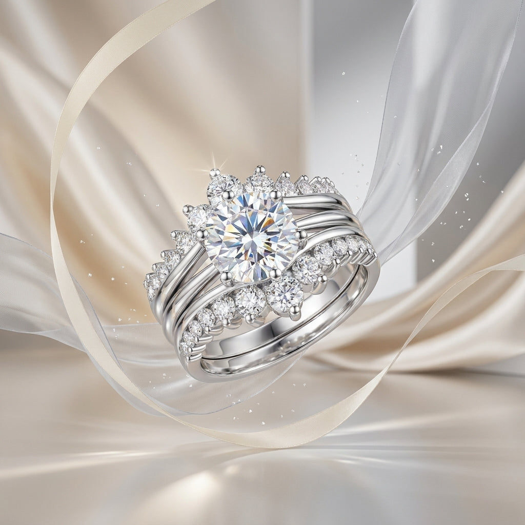 Round-cut moissanite bridal ring set displayed with sheer fabric and cream ribbon