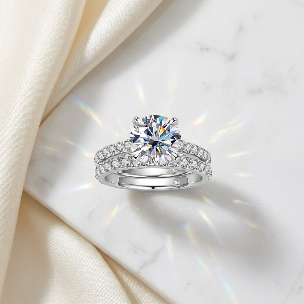 Round-cut moissanite bridal ring set displayed on white marble with cream satin.