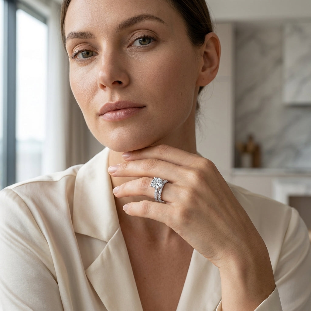 Woman wearing a round-cut moissanite bridal ring set with a cream blouse.