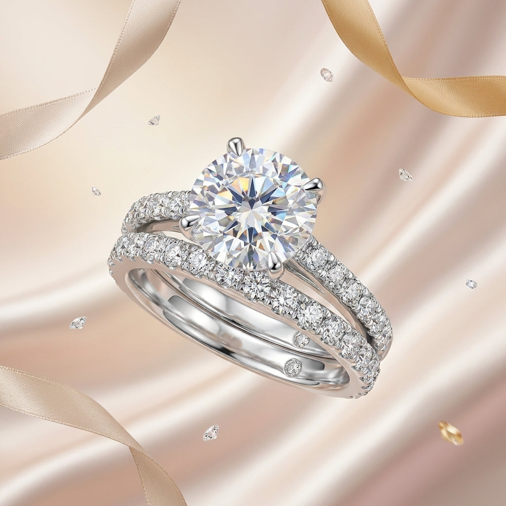 Round-cut moissanite bridal ring set displayed on champagne satin with ribbon accents.