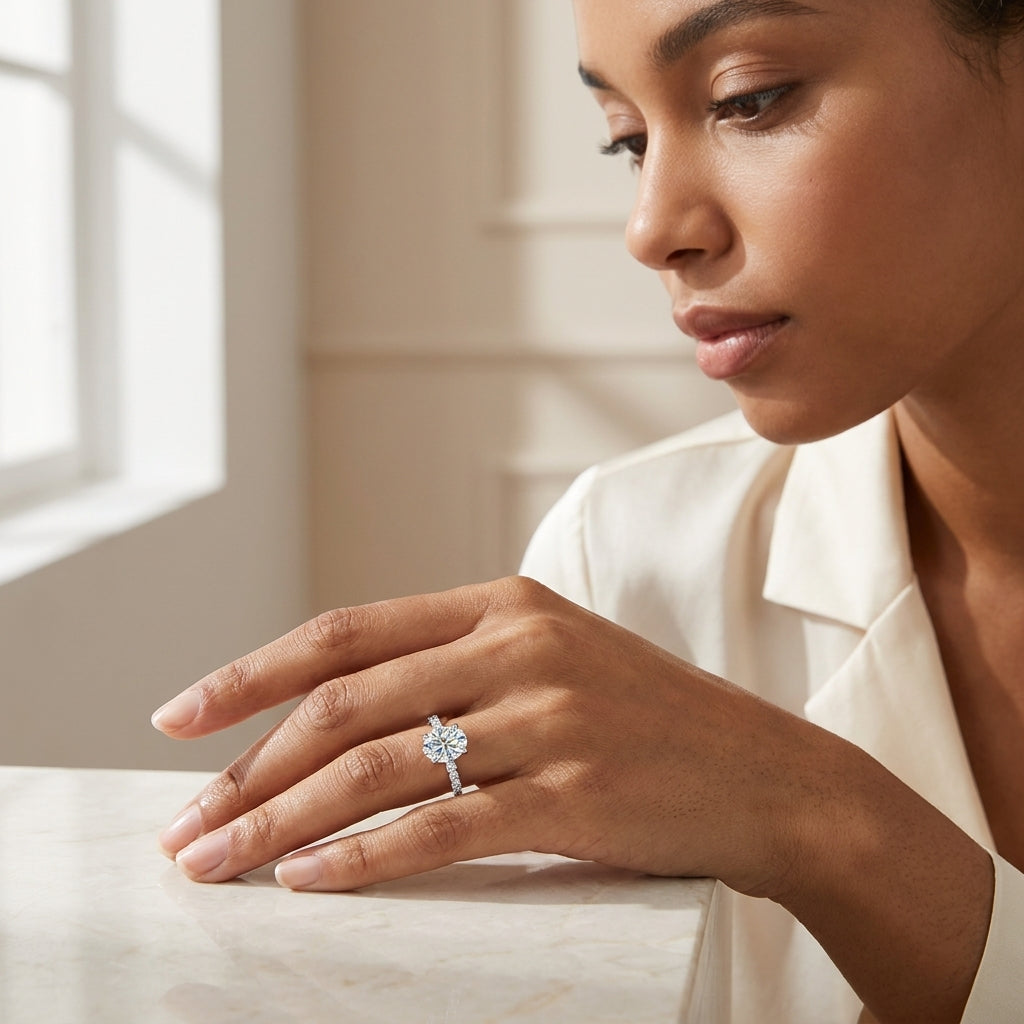 Woman wearing a round-cut moissanite engagement ring with a white blouse