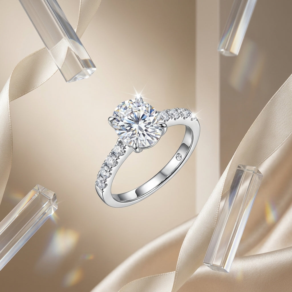 Round-cut moissanite engagement ring displayed with cream ribbon and crystal accents