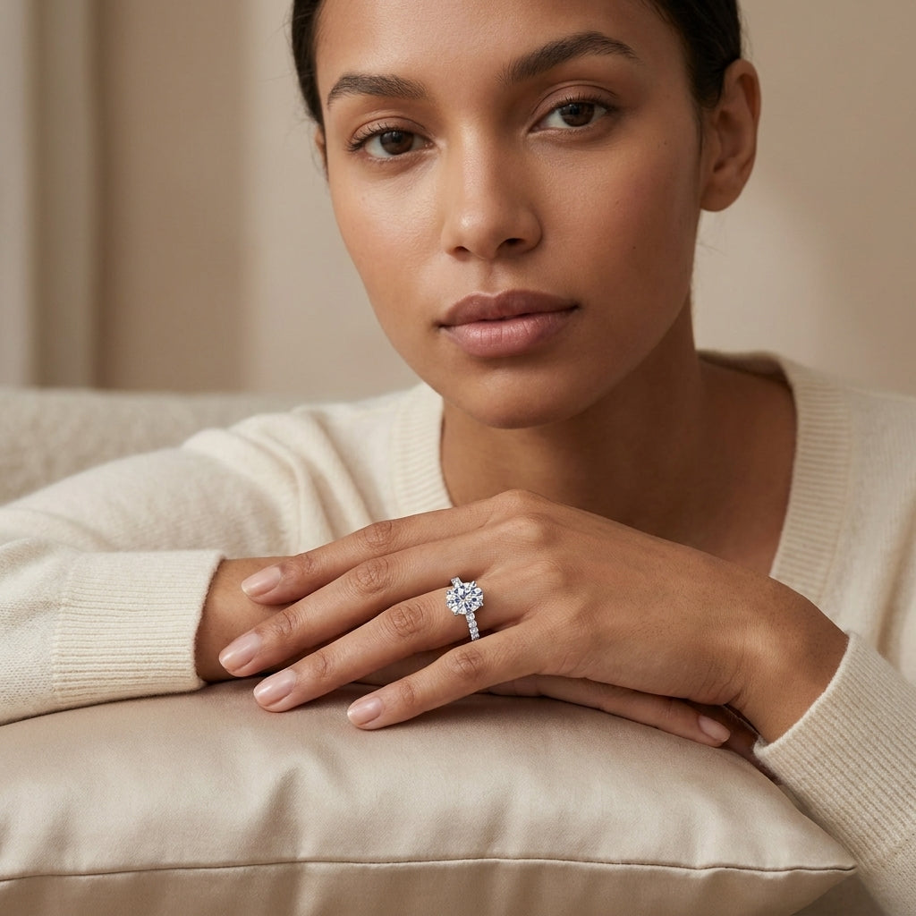 Close-up of a 3 CT oval moissanite ring showing the bezel setting