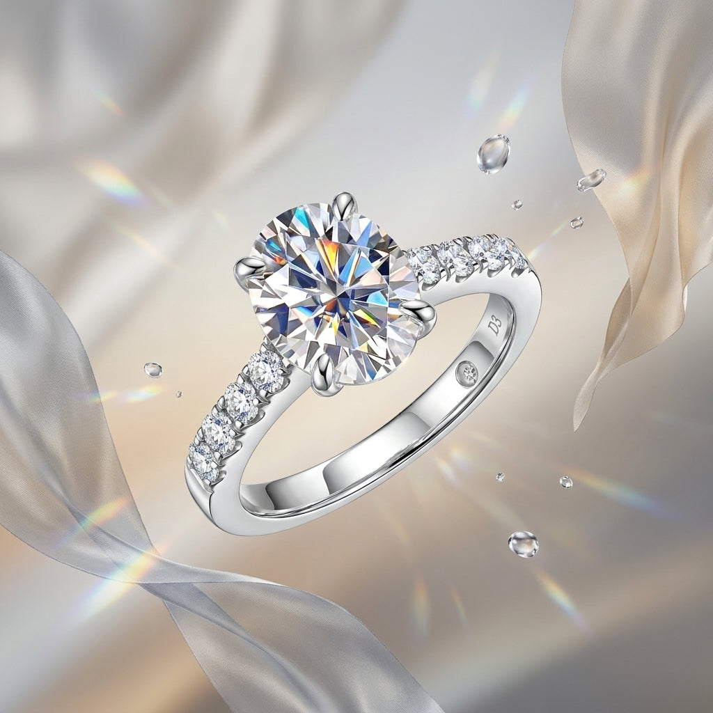 3 CT D-color oval moissanite engagement ring with polished sterling silver band