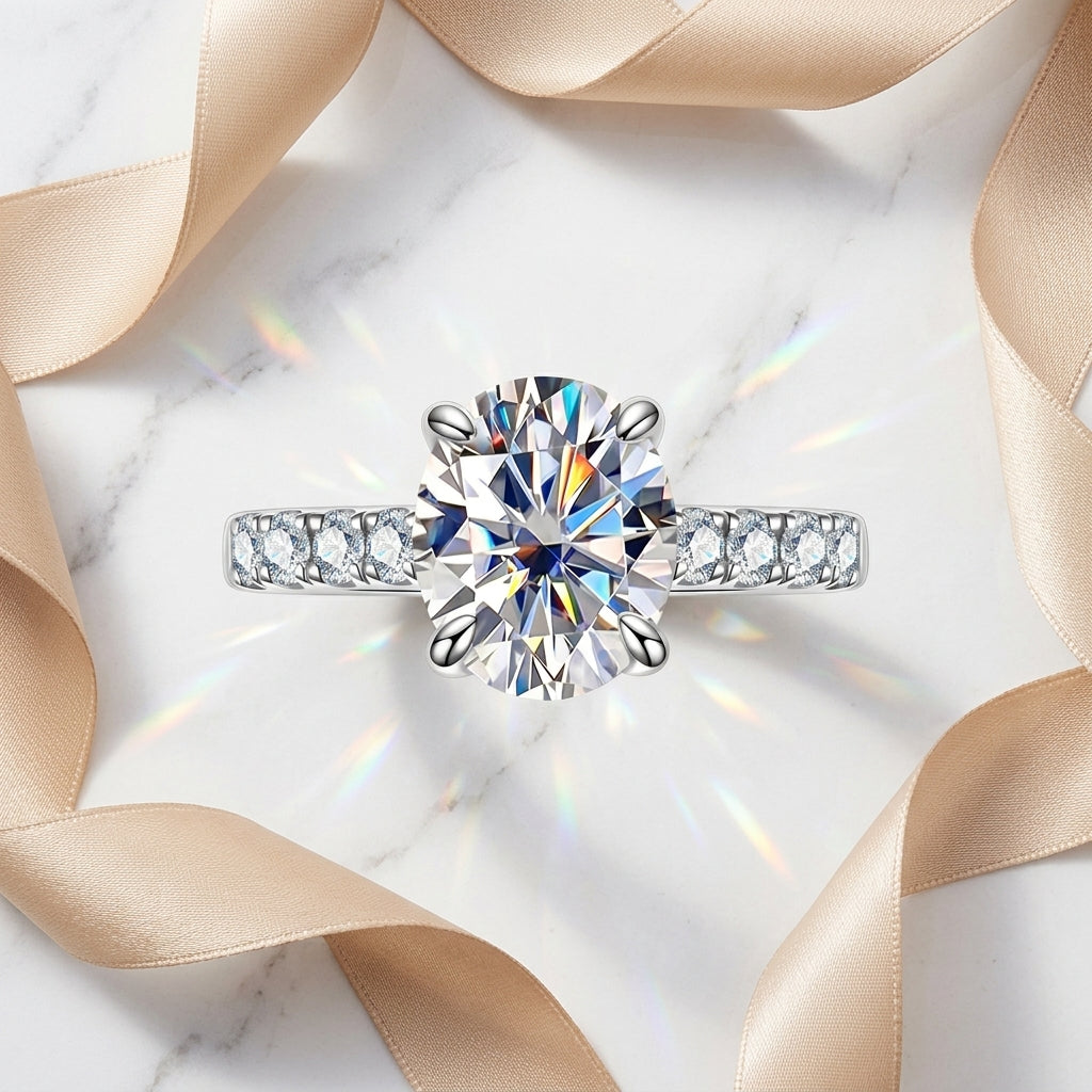 Oval-cut moissanite pavé engagement ring displayed on white marble with satin ribbon.