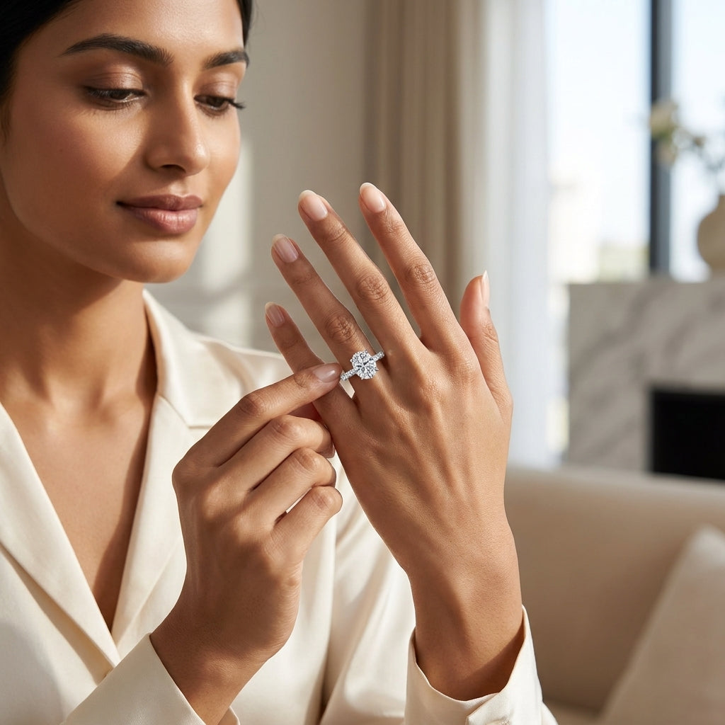 Woman wearing a 3 CT oval pavé moissanite engagement ring with a cream blouse.